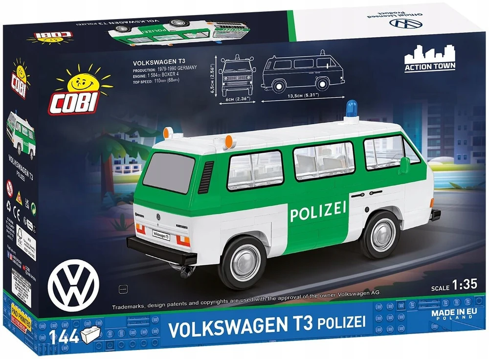Modelių rinkinys - COBI - Veiksmų miestas Volkswagen T3 policijos autobusas - 1:35 mastelis - 144 dalys - Juoda/raudona