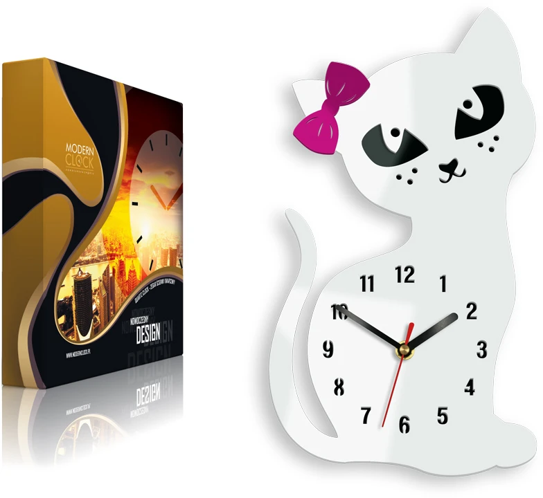Modernclock Duży zegar ścienny MC- KOT- Baltas - DLA DZIECKA