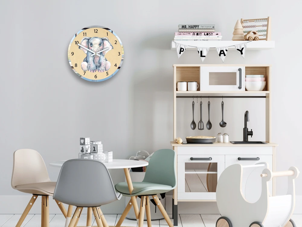 Modernclock Laikrodis ścienny dla dziecka SŁONIK 30cm CICHY