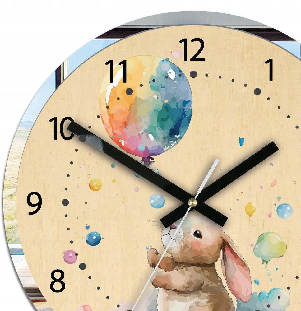 Modernclock Vaikiškas sieninis laikrodis Triušis su balionu 30cm HAPPY