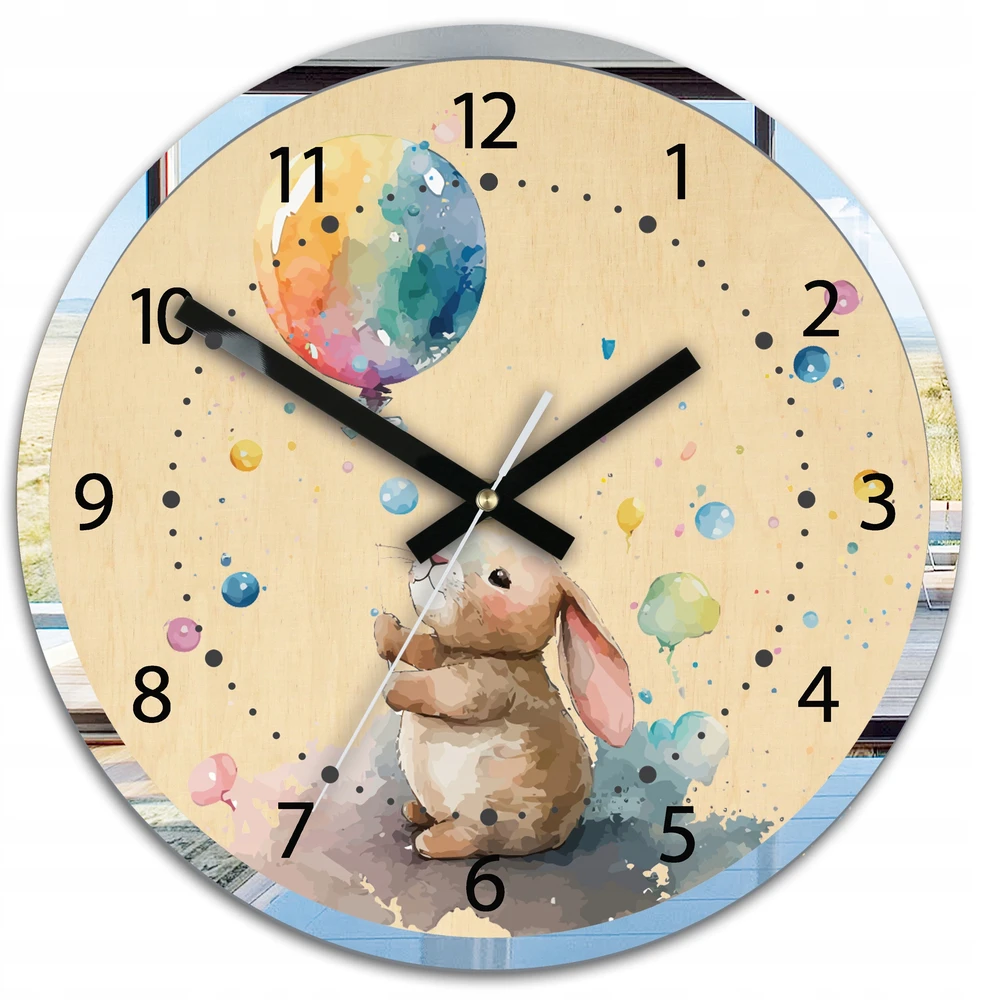 Modernclock Vaikiškas sieninis laikrodis Triušis su balionu 30cm HAPPY