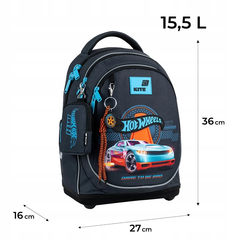 Mokyklinė kuprinė dla chłopca 6-8 lat mėlyna su brelokiem Hot Wheels Kite