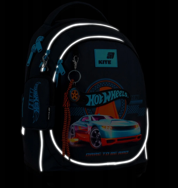Mokyklinė kuprinė dla chłopca 6-8 lat mėlyna su brelokiem Hot Wheels Kite