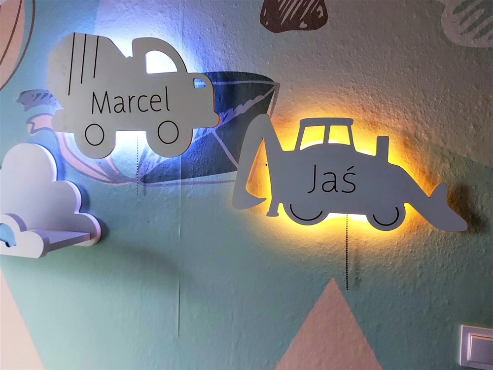 Moliland Lampka nocna Koparka su imieniem LED na baterie do pokoju dziecka dzieci
