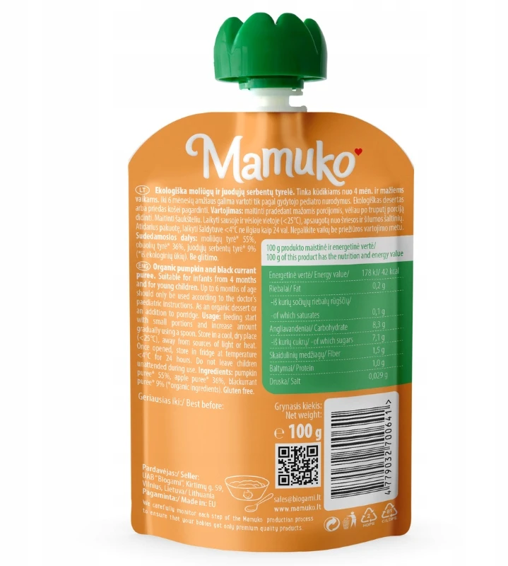 Moliūgų ir juodųjų serbentų tyrelė Mamuko BIO, 100 g