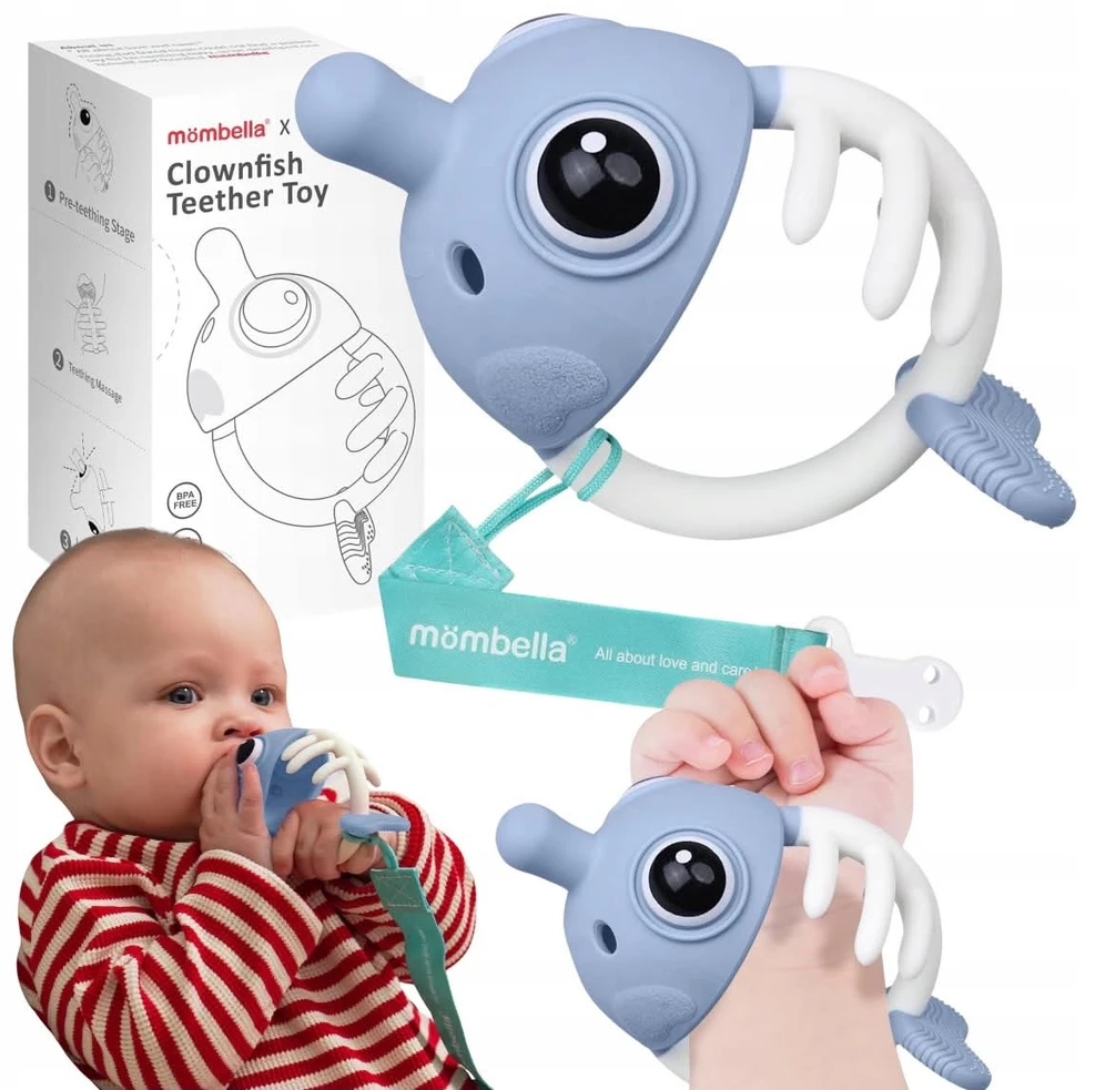 Mombella Rybka 3in1 dantų dygimo žaislas, mėlynas, 3M+ sensorinis žaislas