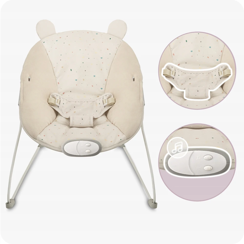 MoMi GLOSSY smėlio spalvos kūdikių bouncer - melodijos, vibracijos, žaislai
