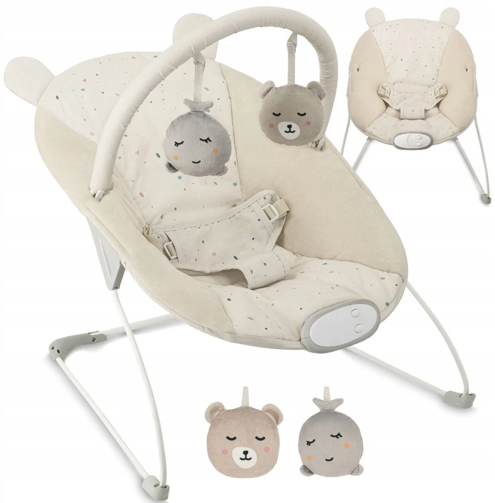 MoMi GLOSSY smėlio spalvos kūdikių bouncer - melodijos, vibracijos, žaislai
