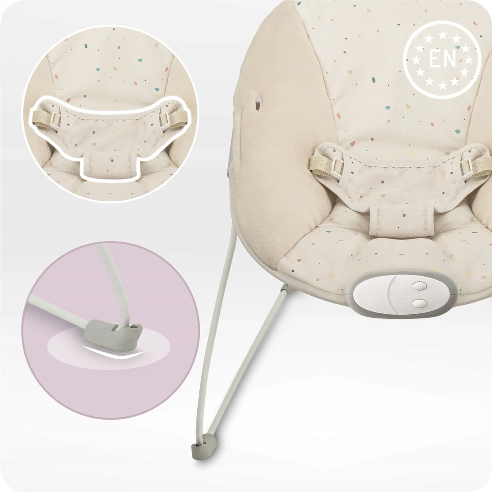 MoMi GLOSSY smėlio spalvos kūdikių bouncer - melodijos, vibracijos, žaislai