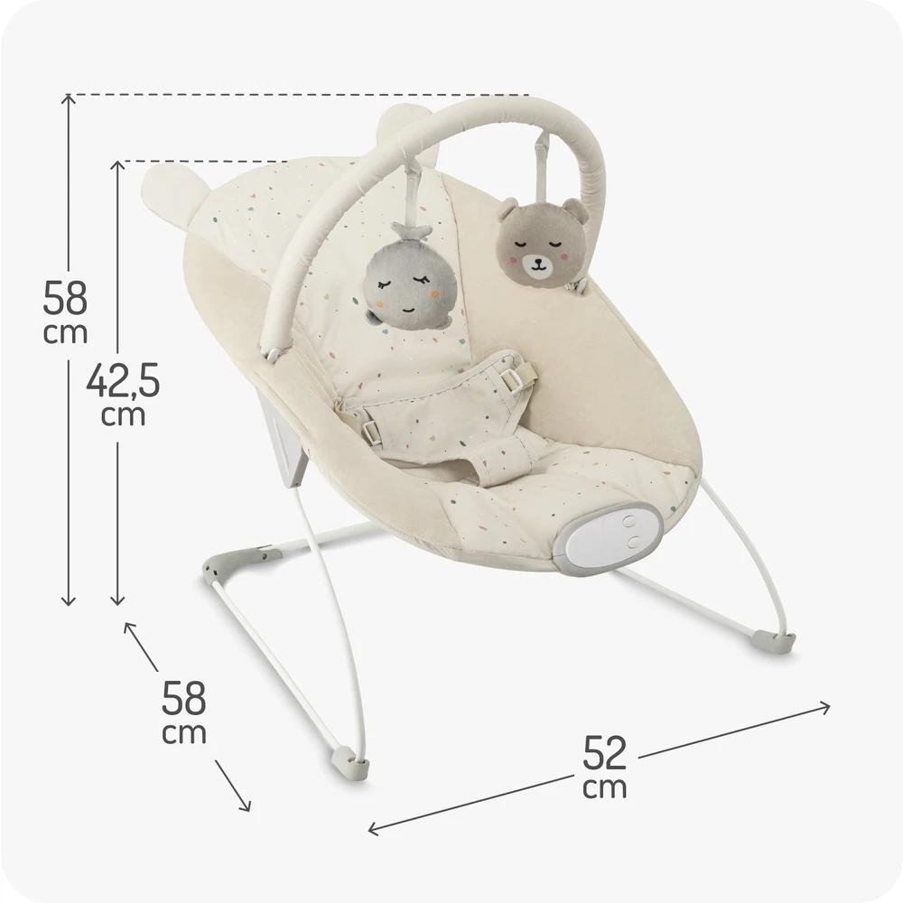 MoMi GLOSSY smėlio spalvos kūdikių bouncer - melodijos, vibracijos, žaislai