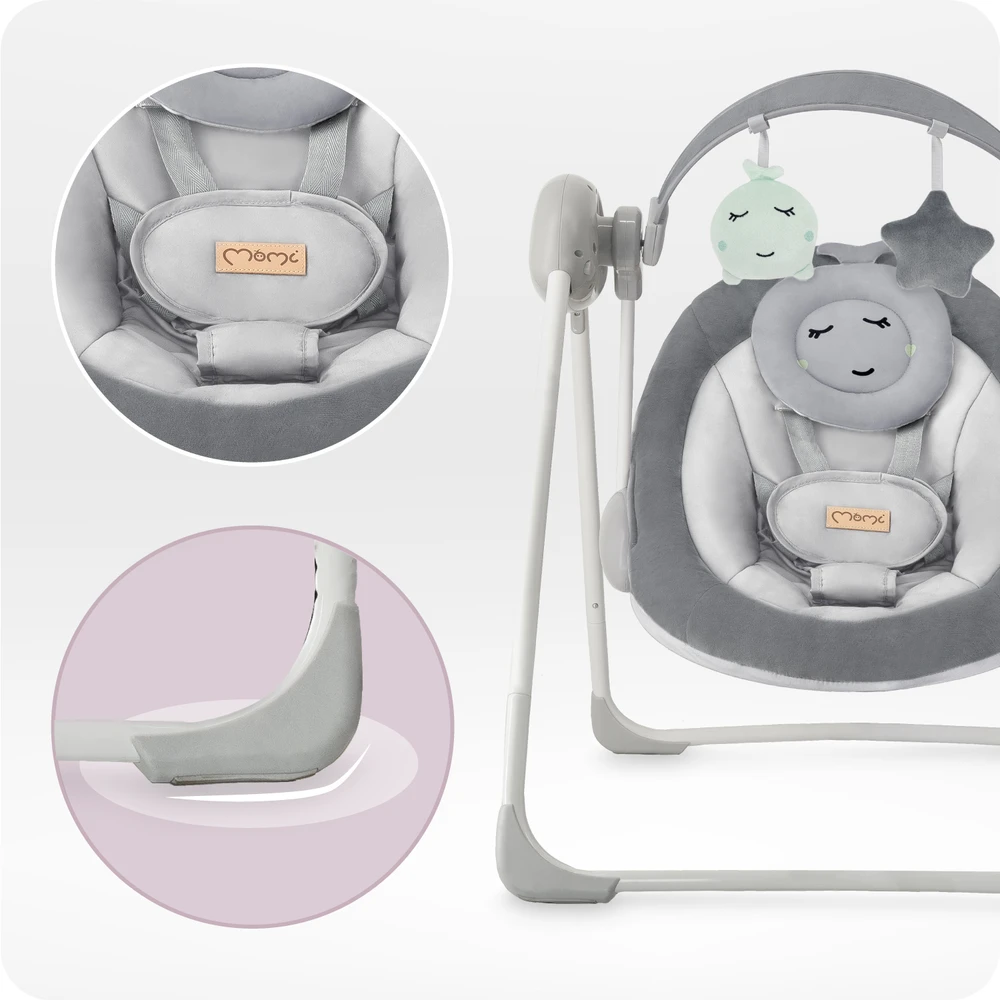 MoMi LISS elektrinė supama kėdė, pilka - bouncer, melodijos, vibracijos, žaislai