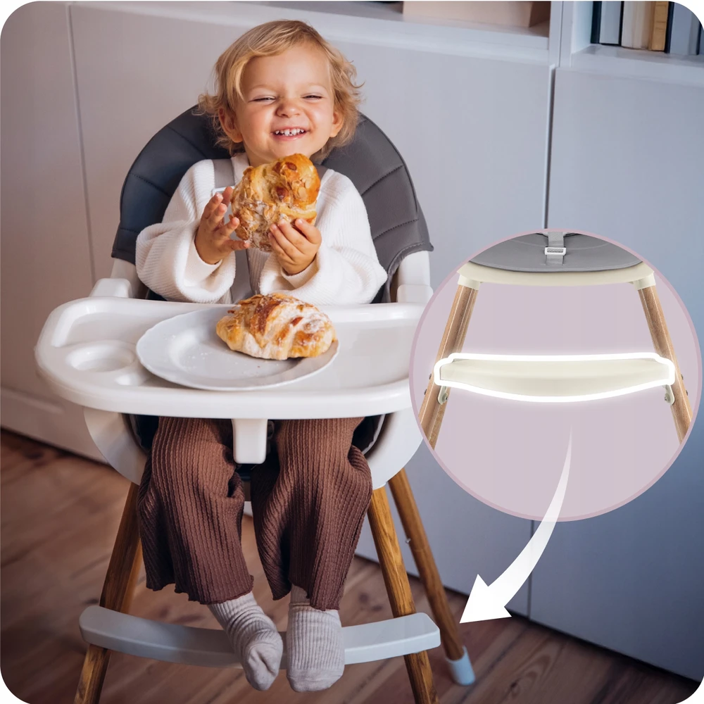 MoMi REKI maitinimo kėdutė, pilka - 2in1, dvigubas padėklas ir atrama kojoms