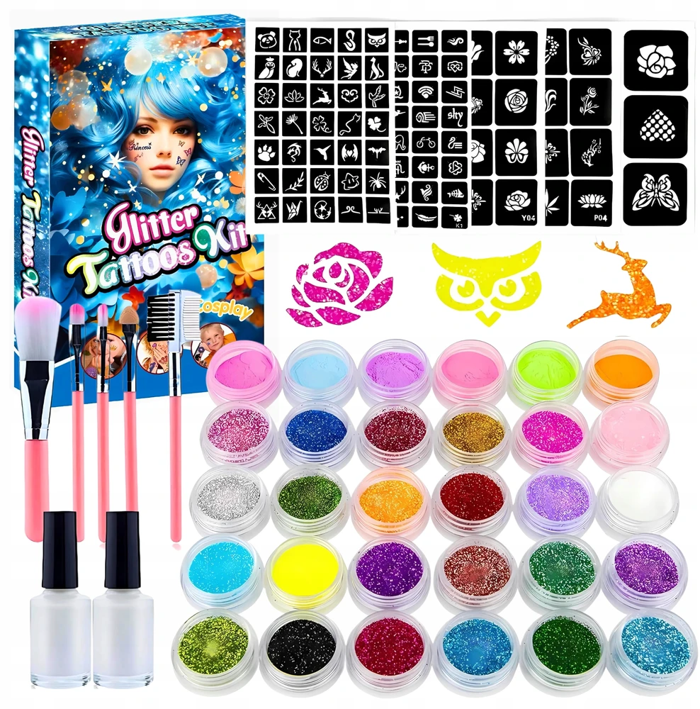 MonCouleur GLITTER TATTOO RINKINYS, PLAUNAMI GLITTER ŠABLONAI VAIKAMS