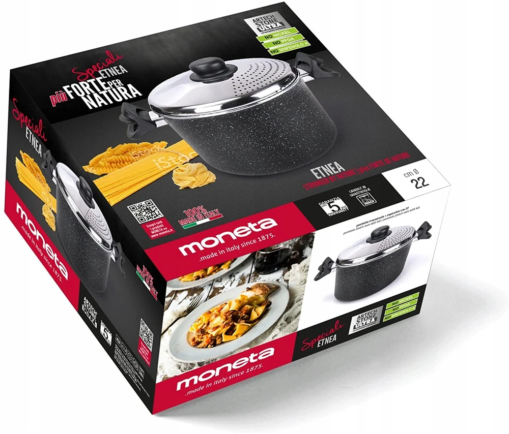 Moneta Etnea makaronų puodas 22 cm su dangteliu, aliuminis, juodas