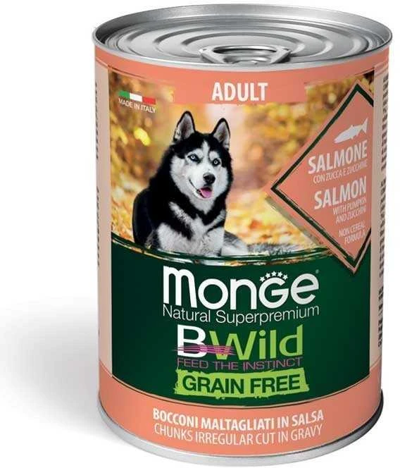 Monge Bwild adult konservuotas pašaras su lašiša, moliūgais ir cukinijomis 400g