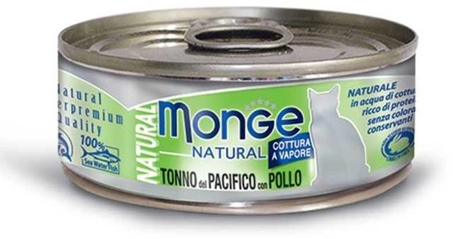 Monge konservai pašaras katėms su tuno ir vištienos gabalėliais savo sultyse 80g