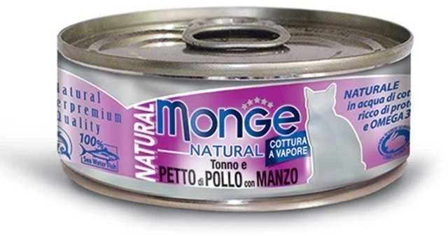 Monge kons.pašaras katėms su tuno, vištienos ir jautienos gabalėliais savo sultyse 80g