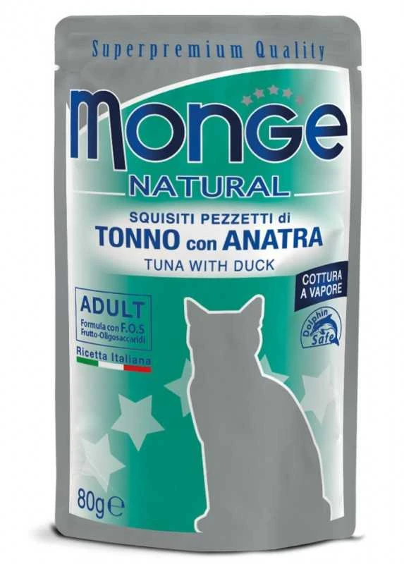Monge Natural konservai pašaras suaugusioms katėms tuno kąsneliai su antiena želėje 80g