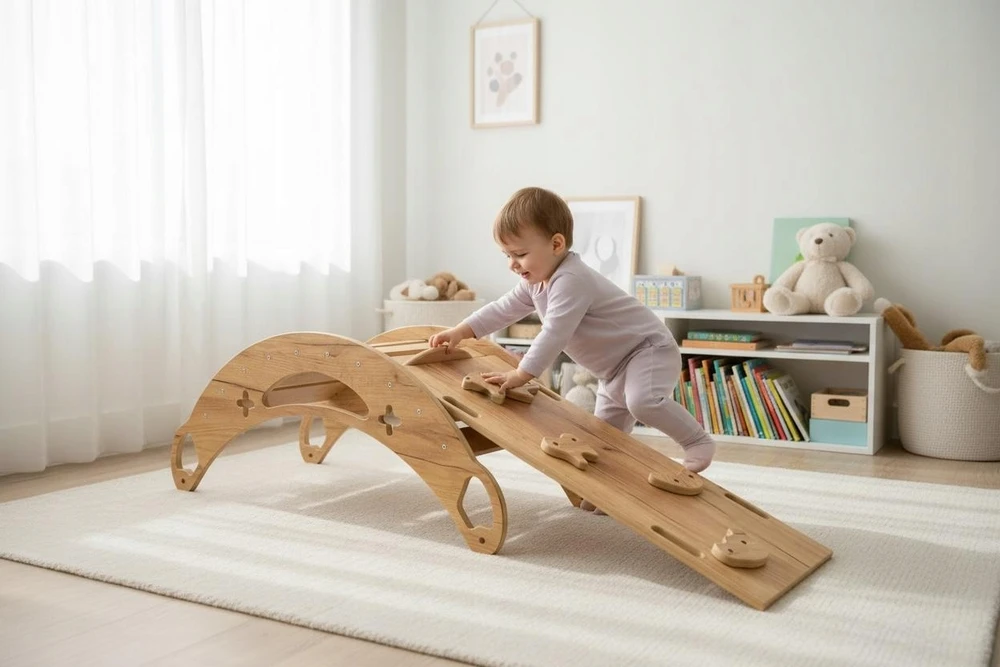 Montessori 3-in-1 rokeris vaikui su pagalve, kalneliu, Wood Style sienele