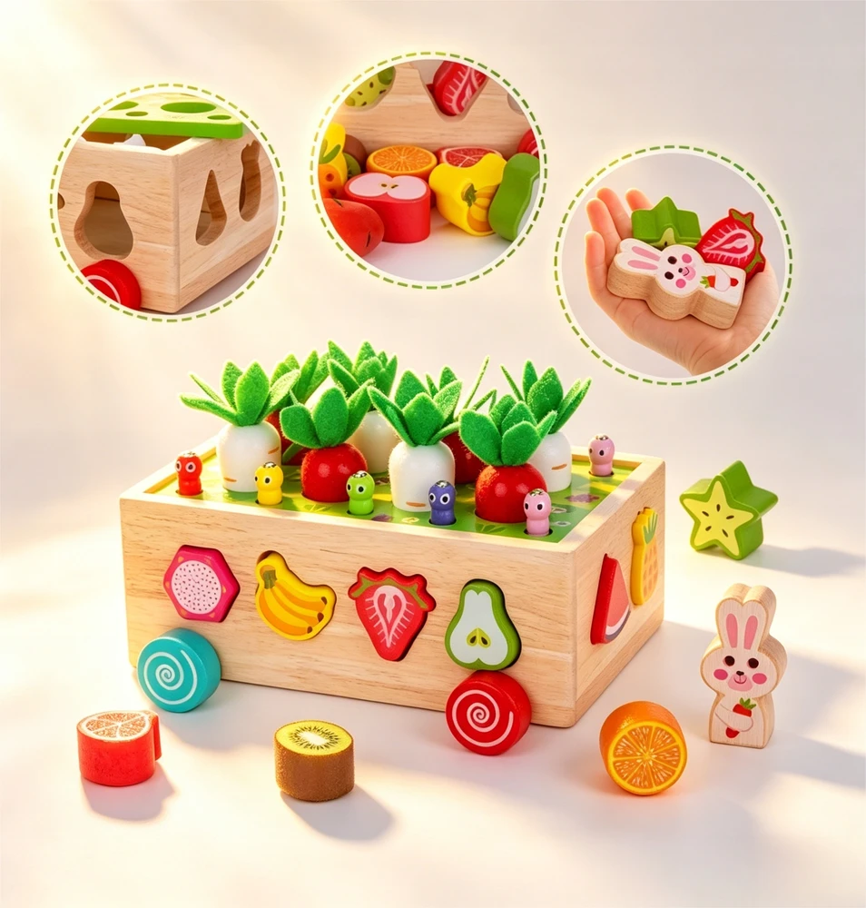 Montessori blokų rūšiuotojas Pagauk Worm automobilio galvosūkį MORKOS IR KIRMOS