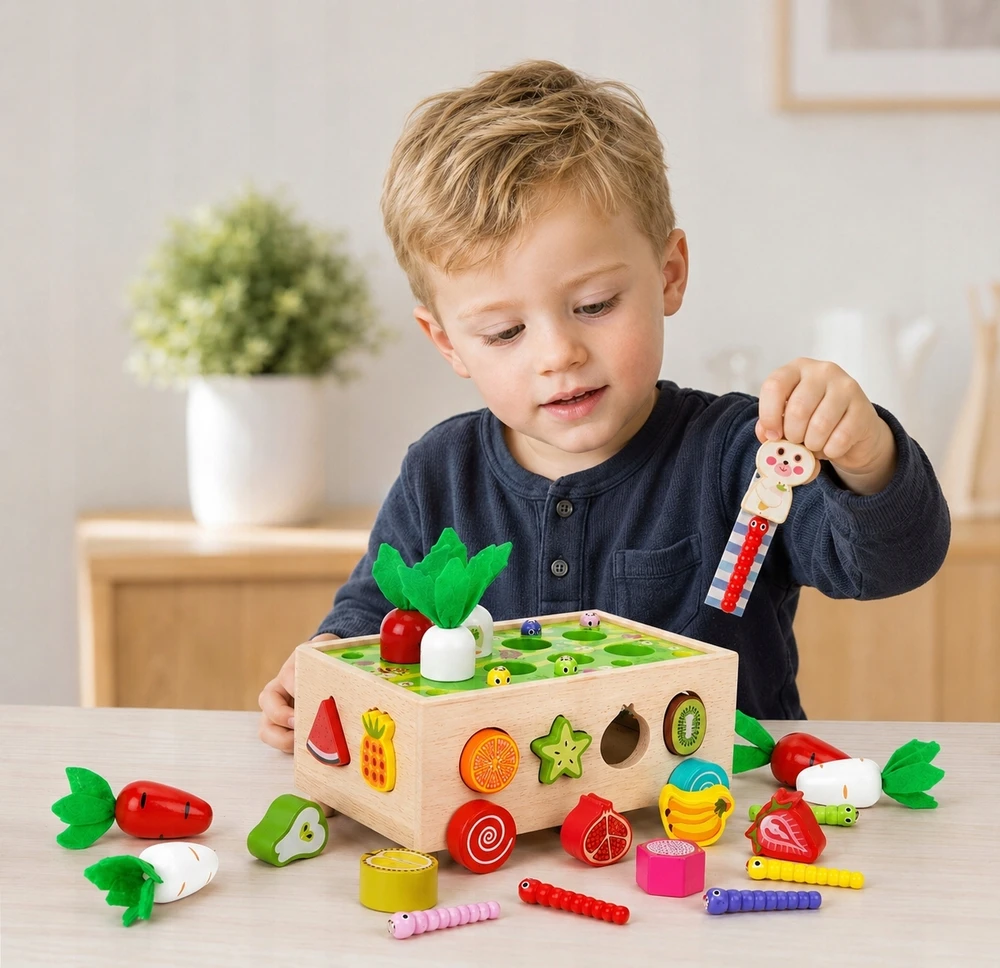 Montessori blokų rūšiuotojas Pagauk Worm automobilio galvosūkį MORKOS IR KIRMOS