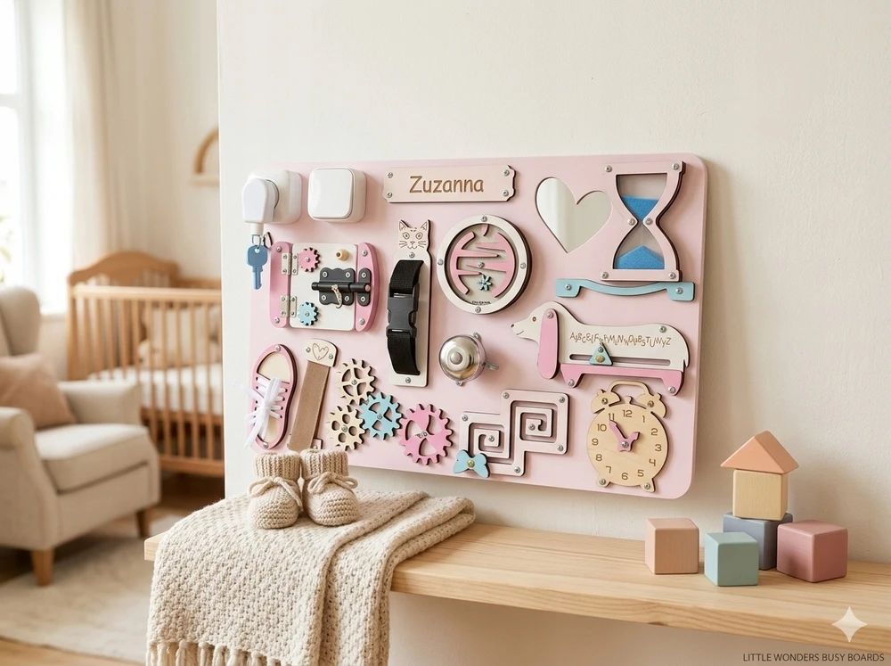 Montessori XL sensorinių manipuliacijų lenta nemokama vardinė 60cm