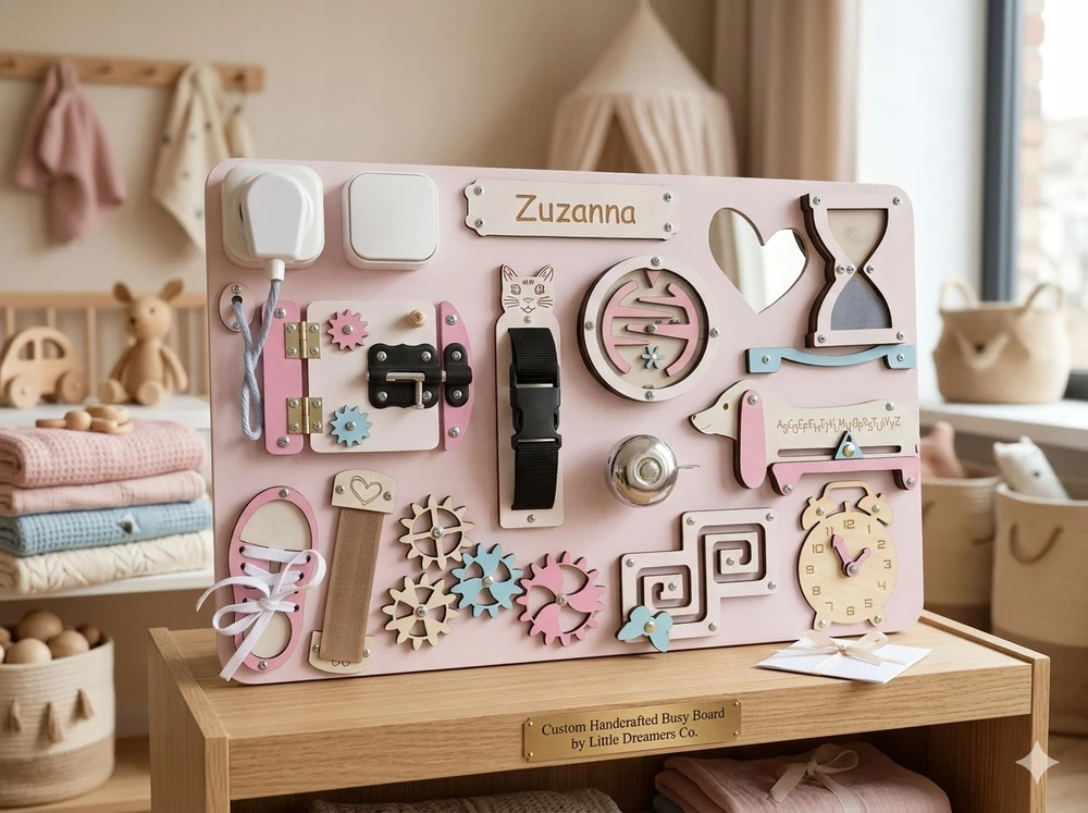 Montessori XL sensorinių manipuliacijų lenta nemokama vardinė 60cm