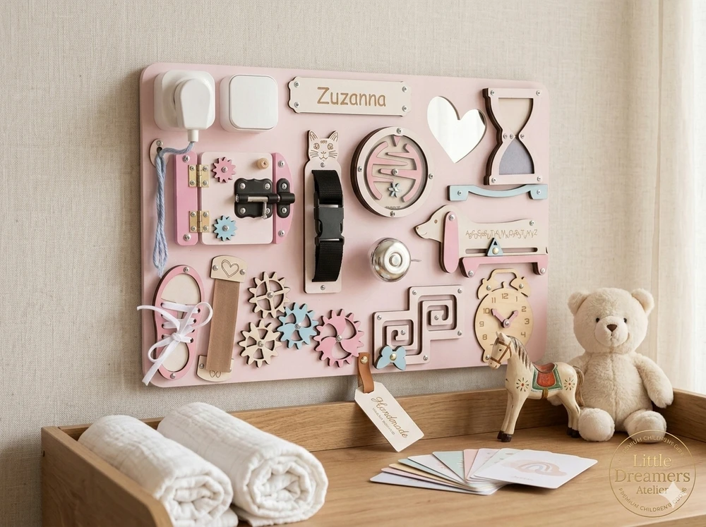Montessori XL sensorinių manipuliacijų lenta nemokama vardinė 60cm