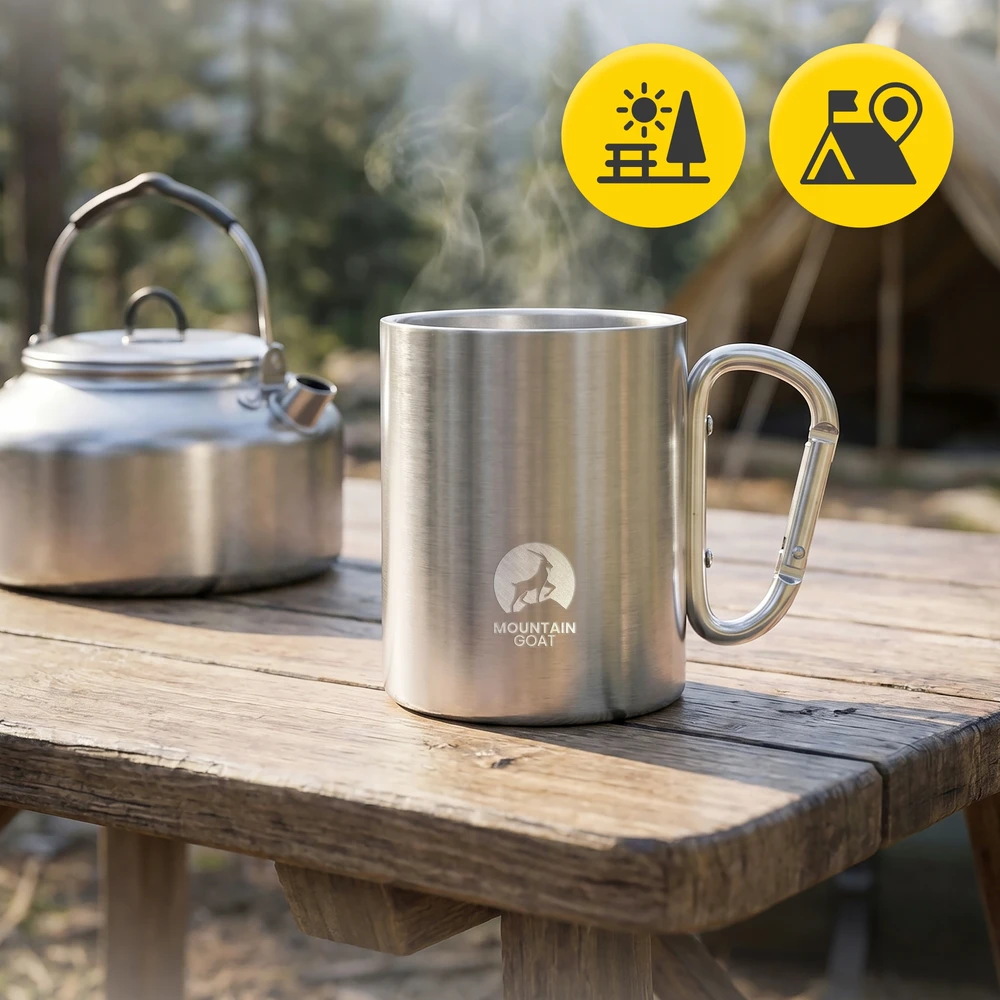Mountain Goat Plieninis turistinis puodelis su karabinu Camping Camping Bushcraft 350ml
