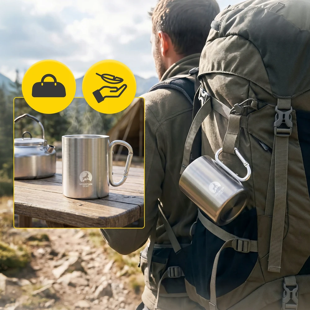Mountain Goat Plieninis turistinis puodelis su karabinu Camping Camping Bushcraft 350ml