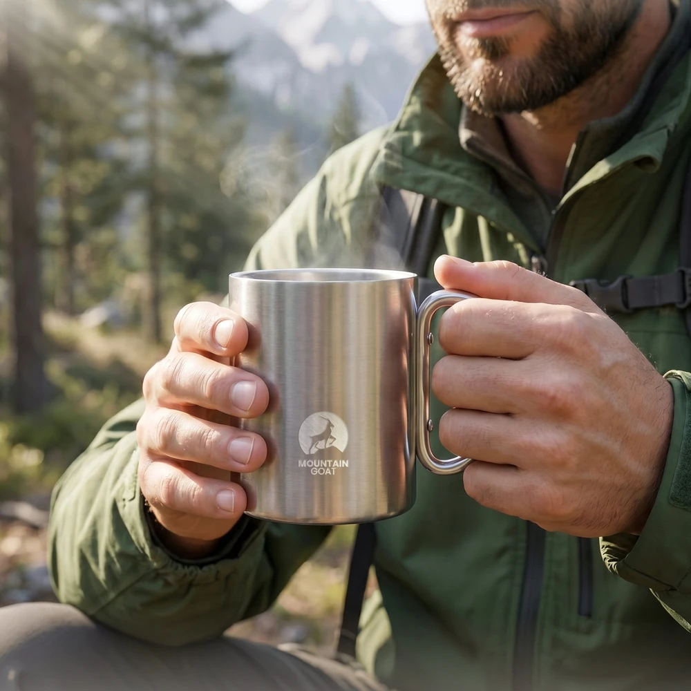 Mountain Goat Plieninis turistinis puodelis su karabinu Camping Camping Bushcraft 350ml