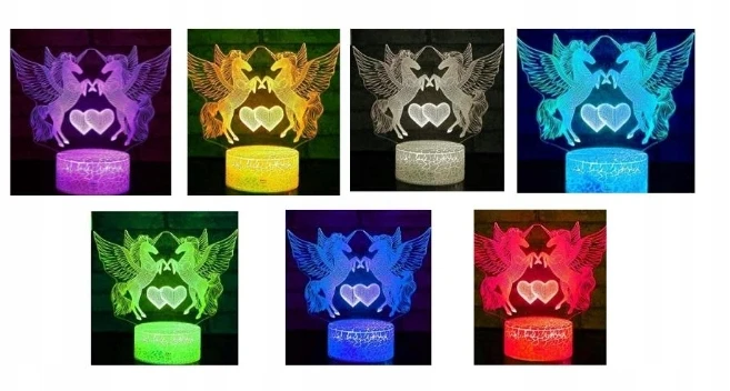 Moxomi LAMPA 3D LED USB JEDNOROŻCE UNICORNY KONIE SERCA 16 KOLORÓW + Pultas