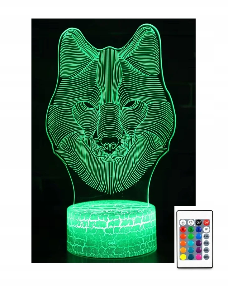 Moxomi Naktinė lempa 3D LED USB WILK WOLF LAMPA 16 KOLORÓW PREMIUM Pultas