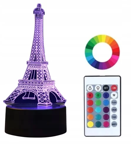 Moxomi Naktinė lempa 3D LED WIEŻA EIFFLA FRANCJA LAMPA 16 KOLORÓW ŚWIECĄCA PODSTAWA