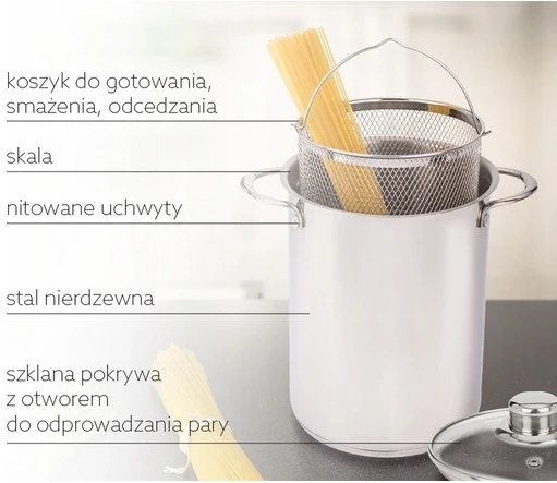 MPM PUODAS ŠPARGŲ MAkaronams IR GRUPĖTIMS 3 viename KUMPIO VIRTUVĖLĖ 4L KOŠTUMAS NERŪDIJANJO Plieno