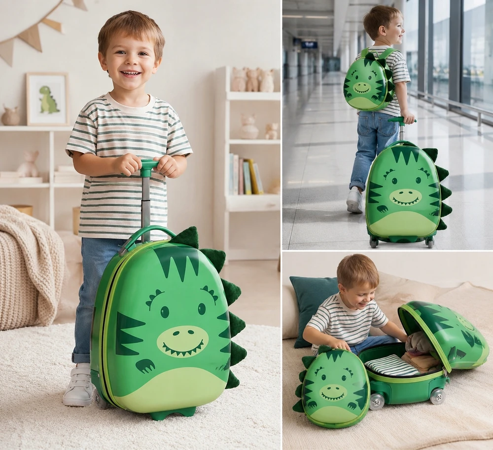 Mpmax DINOSAUR 3D LED KELIONINIS LAGAMINIŲ RINKINYS VAIKŲ BAGAŽUI ANT RATŲ KUPRINĖS