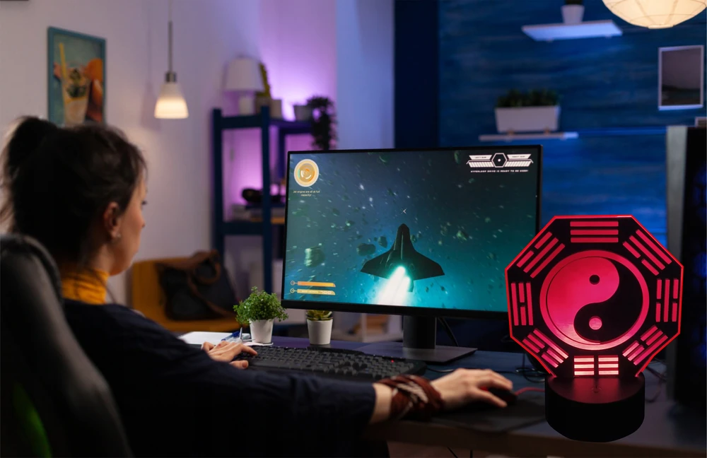 MS 3D LED NAKTINIS LEMPAS YIN YANG ŽENKLAS, BALANSO SIMBOLIS