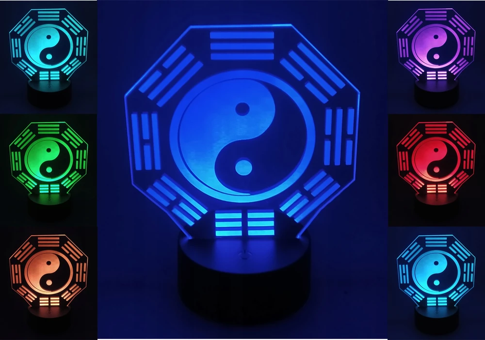 MS 3D LED NAKTINIS LEMPAS YIN YANG ŽENKLAS, BALANSO SIMBOLIS