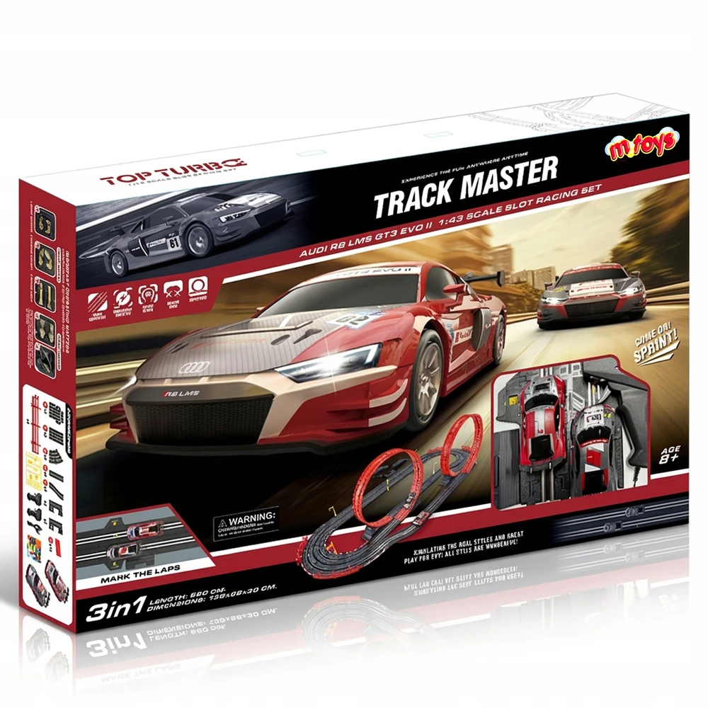 Mtoys ELEKTROS LENKTYNŲ TRAKAS 560cm 3in1 kilpos ROUTE 2 AUTOMOBILIAI LICENCUOTI AUDI R8