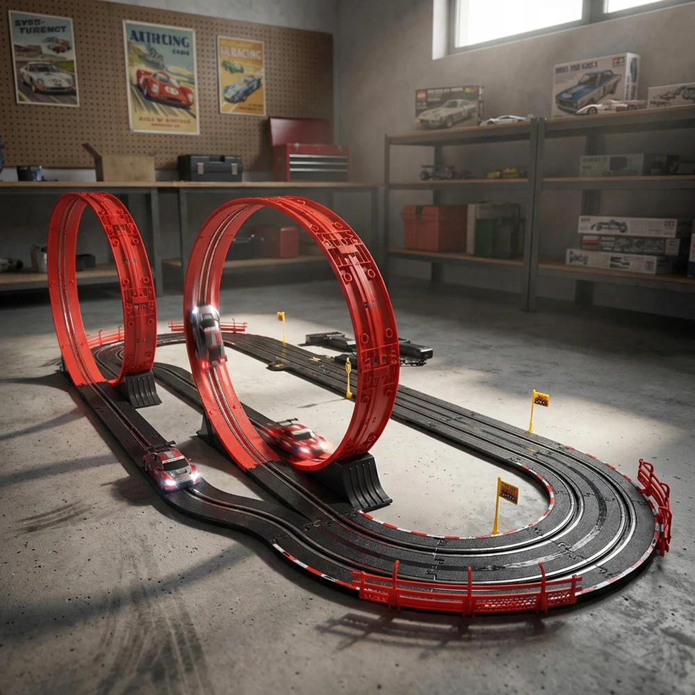 Mtoys ELEKTROS LENKTYNŲ TRAKAS 560cm 3in1 kilpos ROUTE 2 AUTOMOBILIAI LICENCUOTI AUDI R8