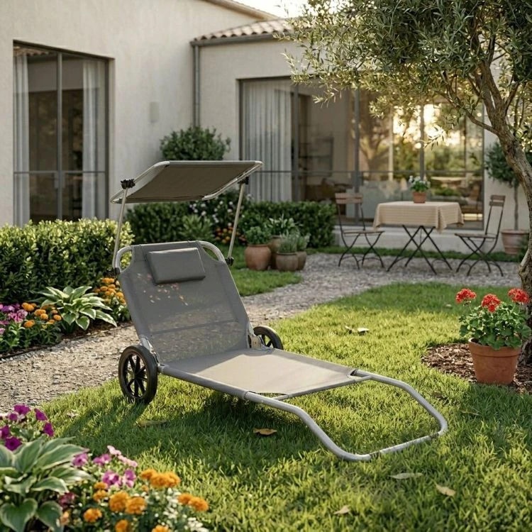Multi Garden Sulankstomas paplūdimio gultas su ratukais, vežimėlis, reguliuojamas atlošas, stogelis, pilkas, MultiGarden