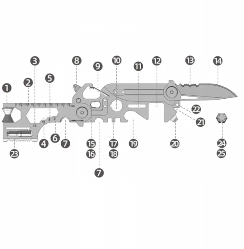 MULTITOOL KNIFE 25in1 DAUGIAFUNKCINĖ ĮRANKIŲ KIŠENĖ RAKTŲ PAKAIKLIŲ KORTELĖ
