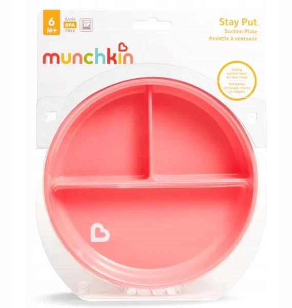 Munchkin lėkštė su siurbtuku, rožinė, neslidi, vaikams nuo 6 mėn.