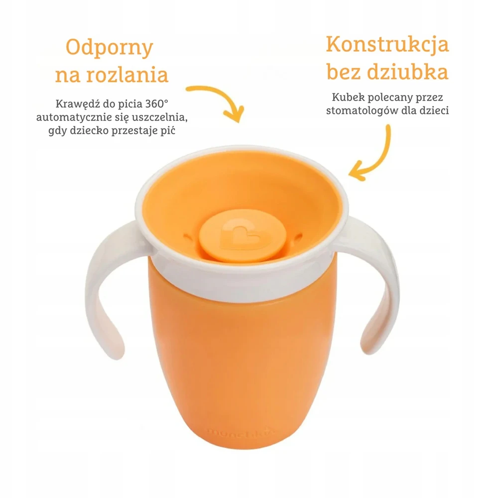 Munchkin Miracle 360° treniruočių puodelis su rankenėlėmis, oranžinis, 207 ml