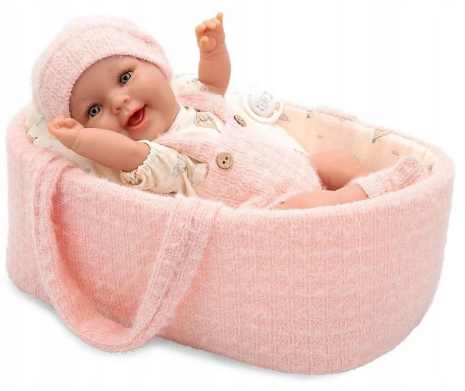 Arias kūdikio lėlė mergaitė 33 cm su rožine nešykle ir čiulptuku