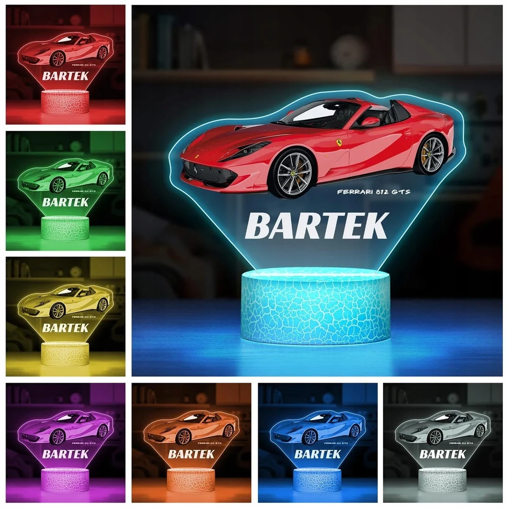Murrano Lampka Nocna LED 3D su Imieniem Samochód Ferrari 812 dla Dziecka Nastolatka