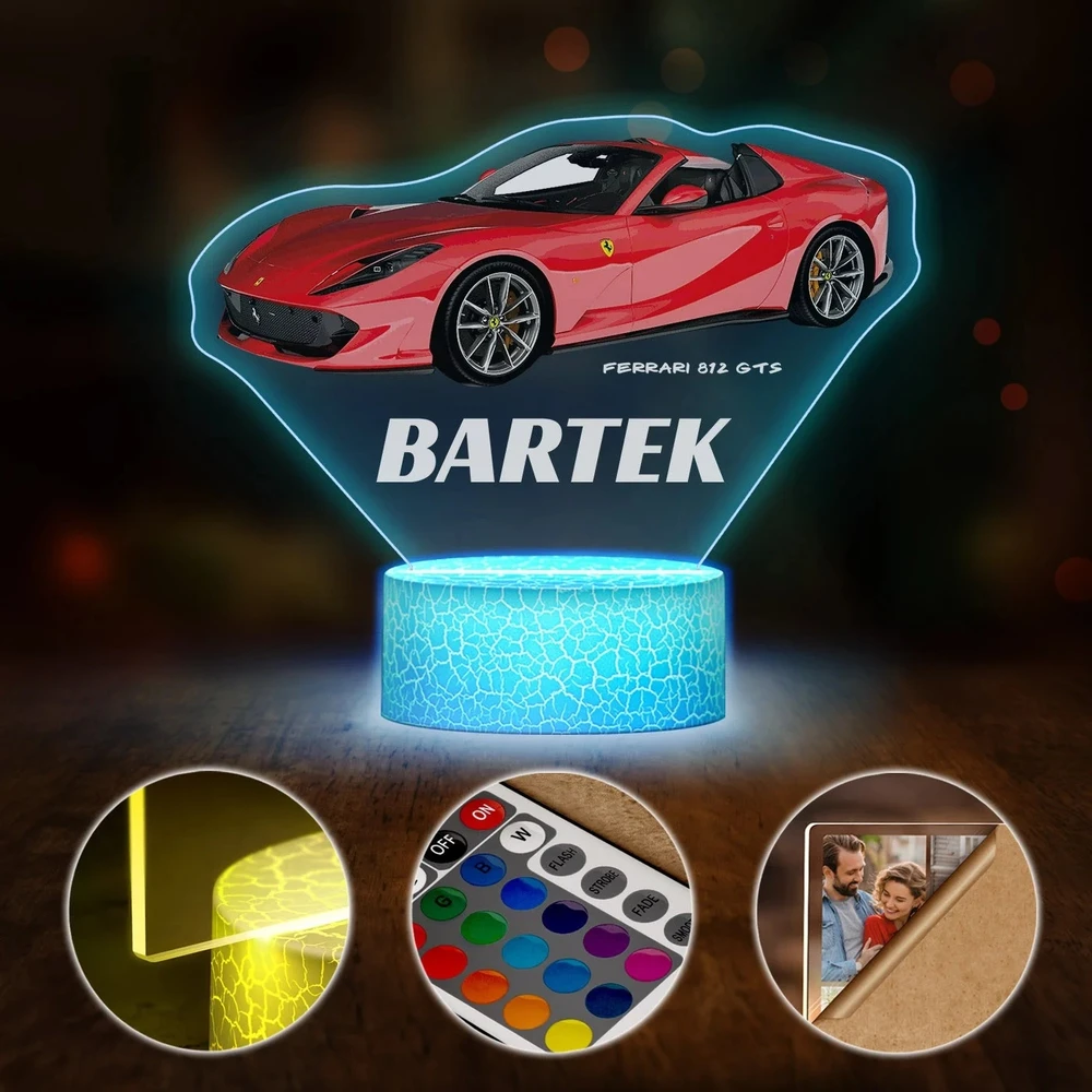 Murrano Lampka Nocna LED 3D su Imieniem Samochód Ferrari 812 dla Dziecka Nastolatka