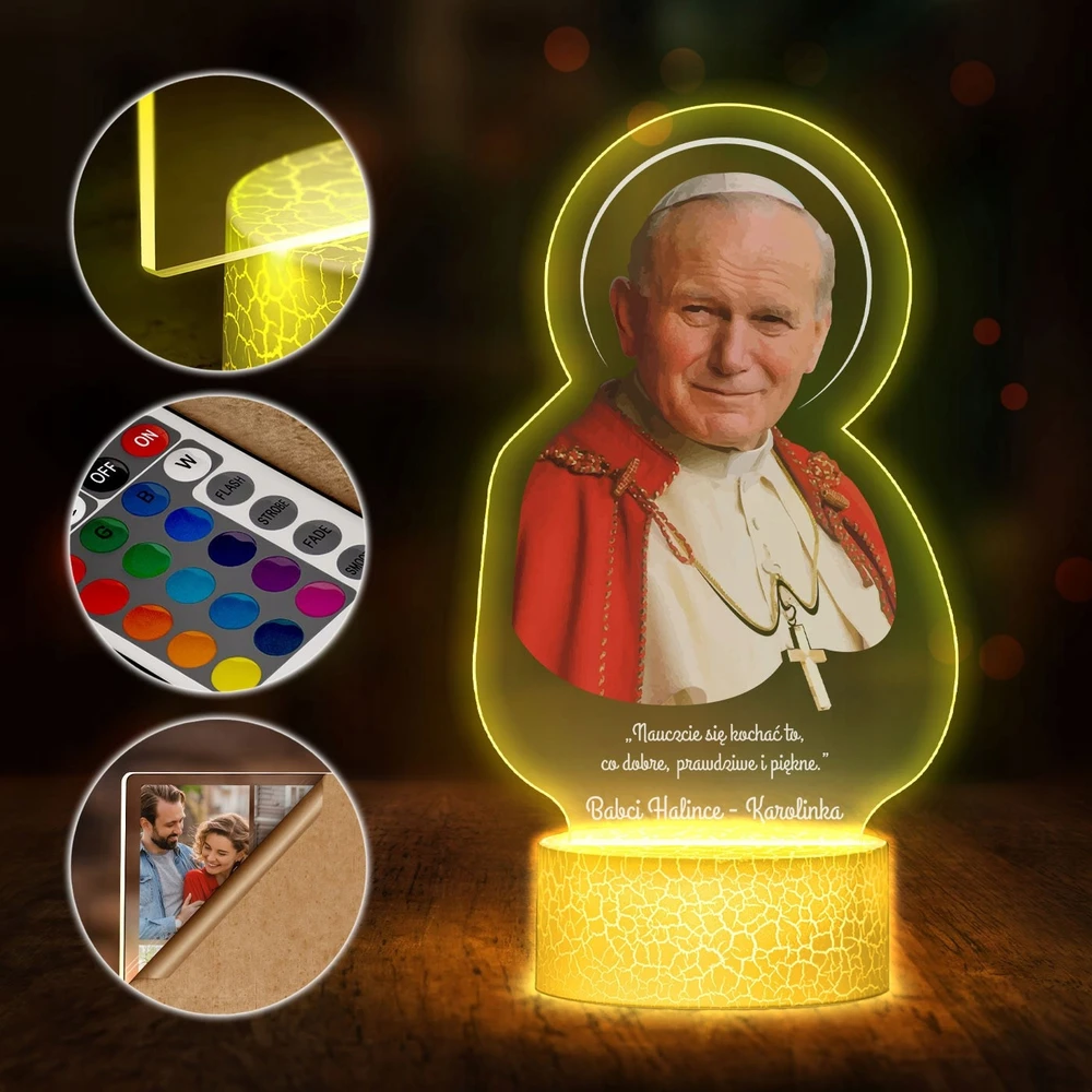 Murrano Lampka Nocna LED 3D su Imieniem Jan Paweł II Papież Polak Prezent dla Babci