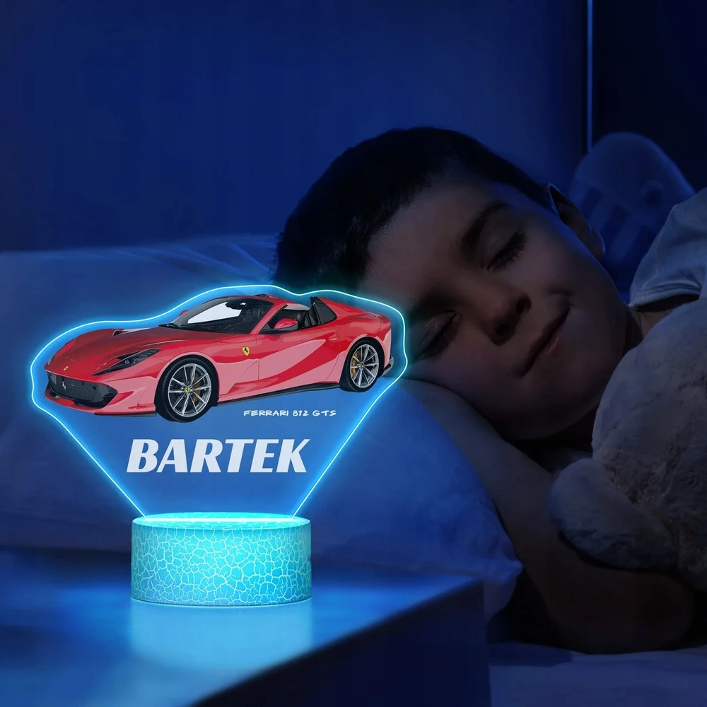 Murrano Lampka Nocna LED 3D su Imieniem Samochód Ferrari 812 dla Dziecka Nastolatka