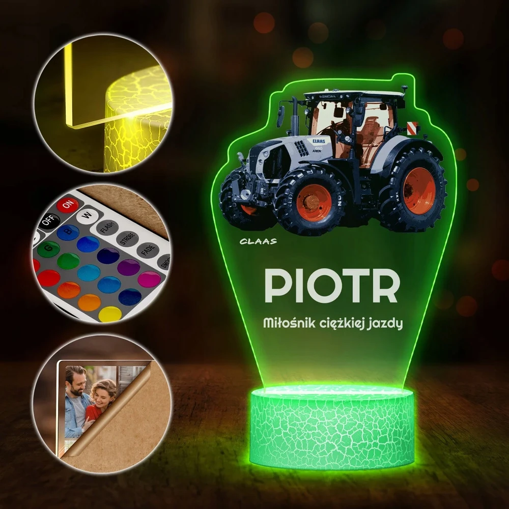 Murrano Lampka Nocna LED 3D su Imieniem Traktor Class Ciągnik dla Dziecka Nastolatka